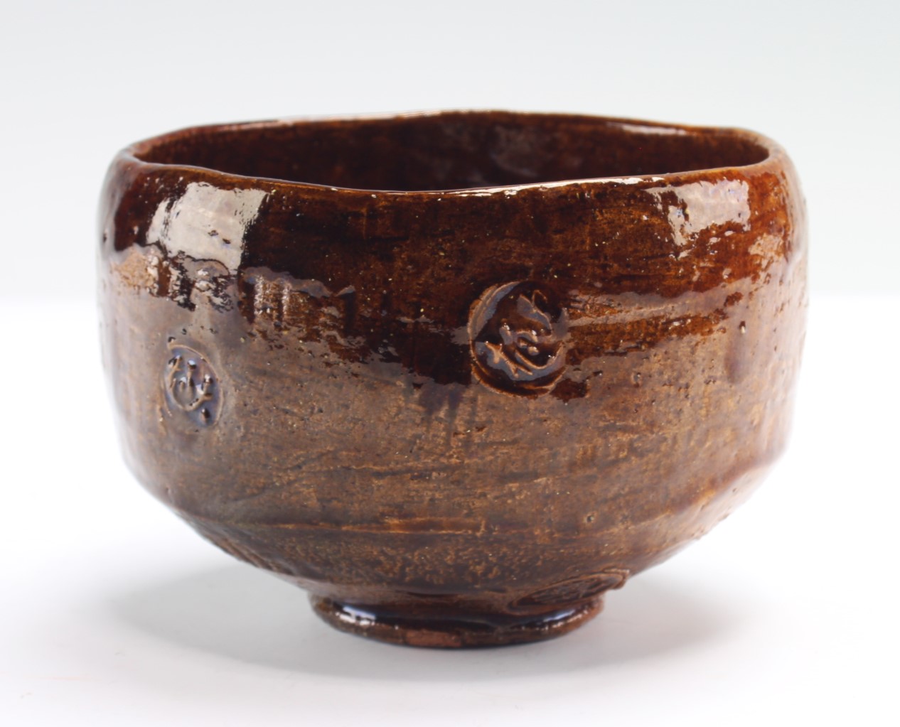 九代 大樋長左衛門 飴釉数印茶碗 the 9th ohi, chozaemon ame-yu bowl 