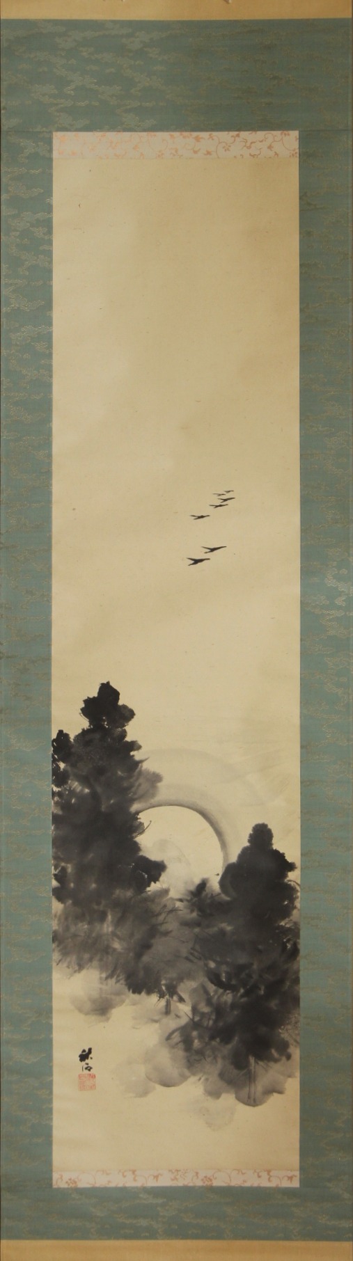 【売却済】奥谷秋石 幅｢松林月中飛雁之図｣ okutani, syuseki "wild geese over the pine forest